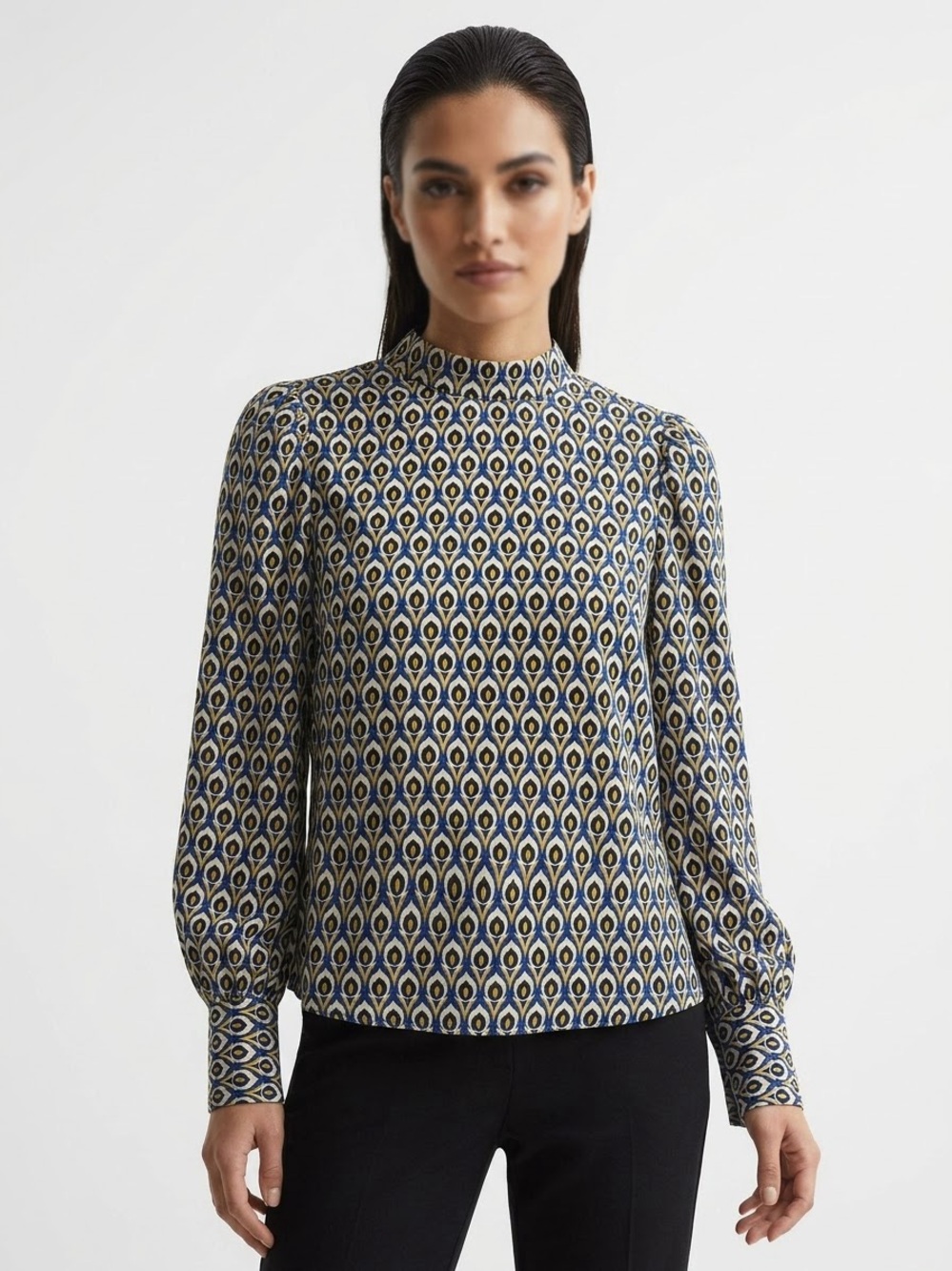 Cupcakes and Cashmere M 70s Mod Geometric High Neck Puff Sleeve Blouse
